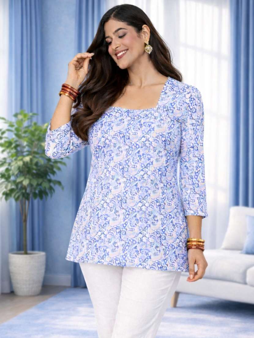 women blue cotton a-line kurta