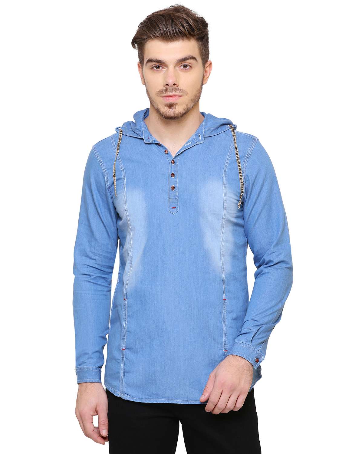 men solid long sleeve hooded kurta