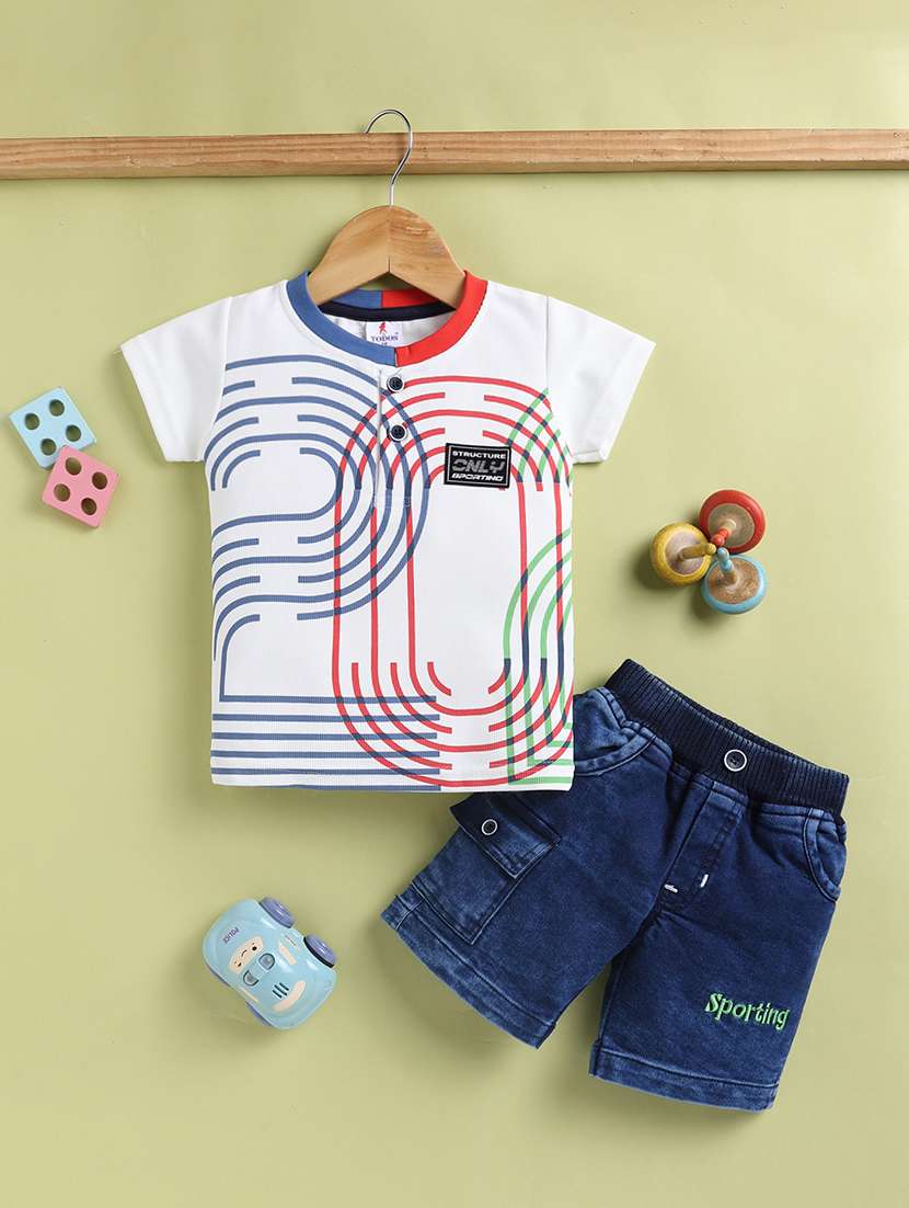 kids blue cotton blend shorts set co-ords set