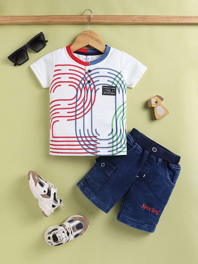 boys white cotton blend shorts set co-ords set