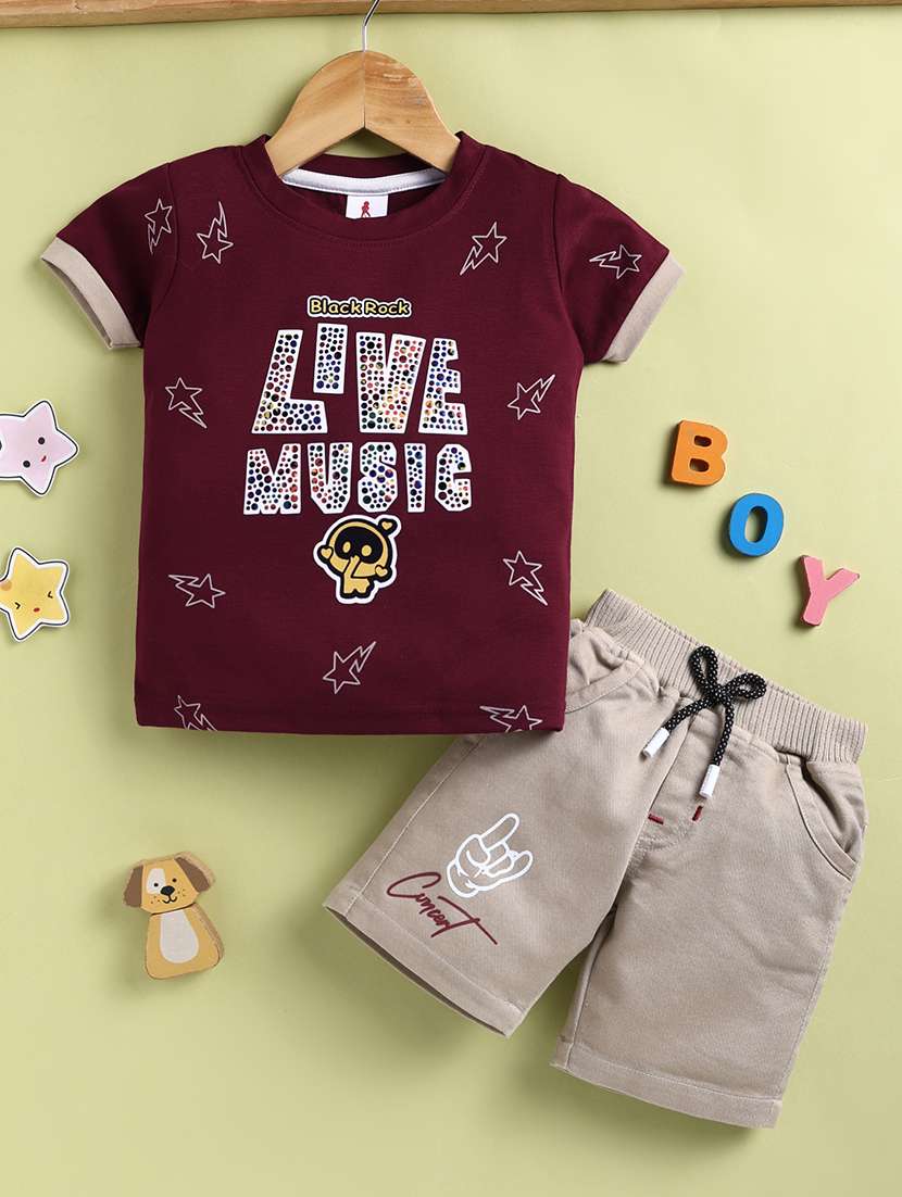 boys maroon cotton blend shorts set co-ords set