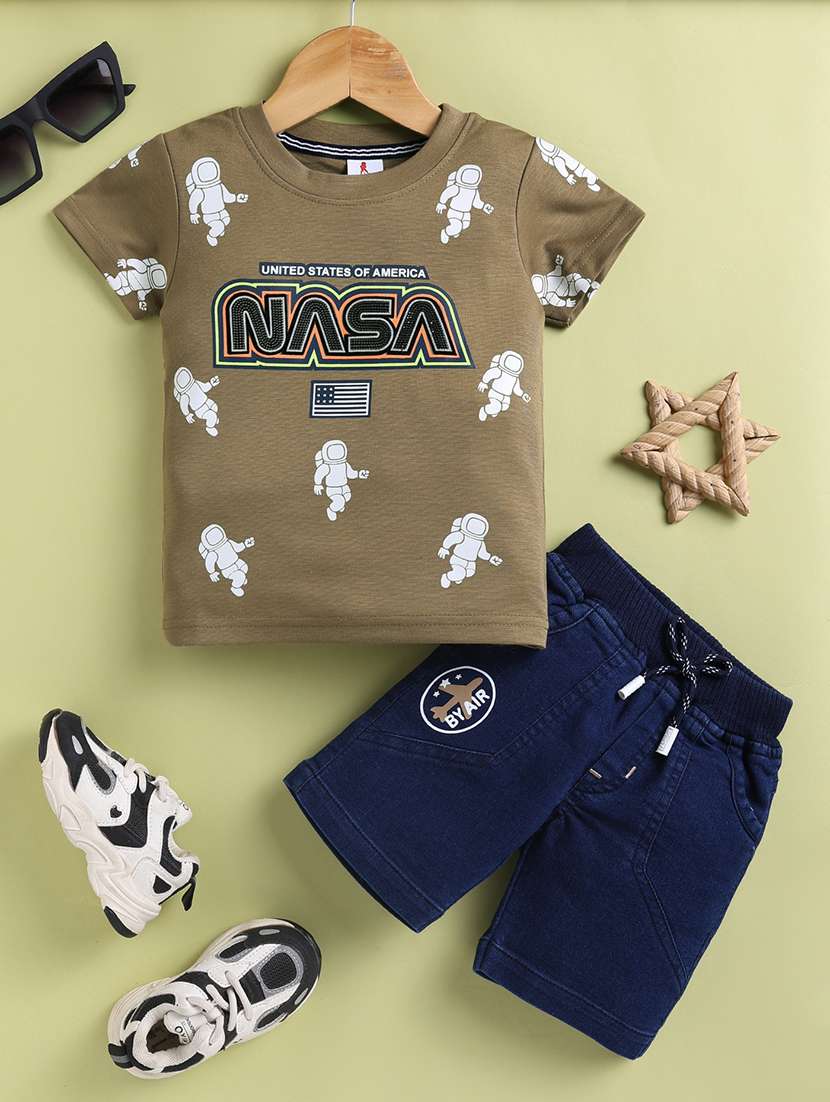 boys beige cotton blend shorts set co-ords set