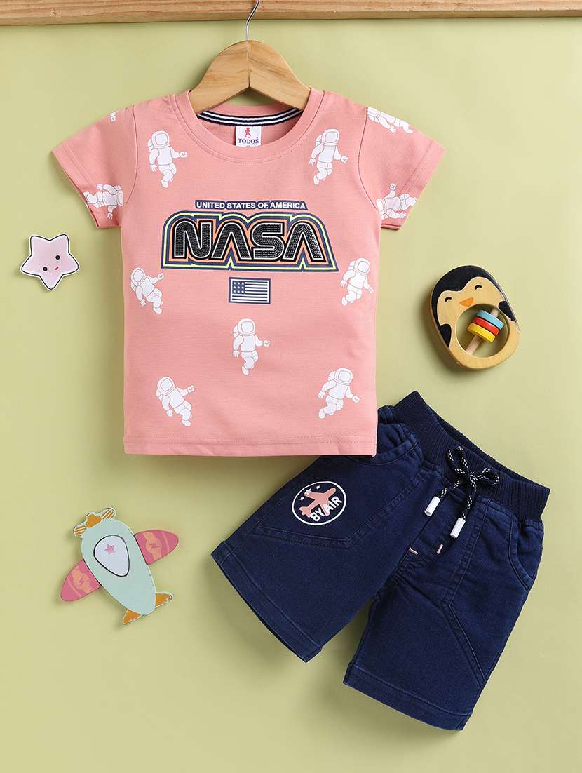 boys peach cotton blend shorts set co-ords set