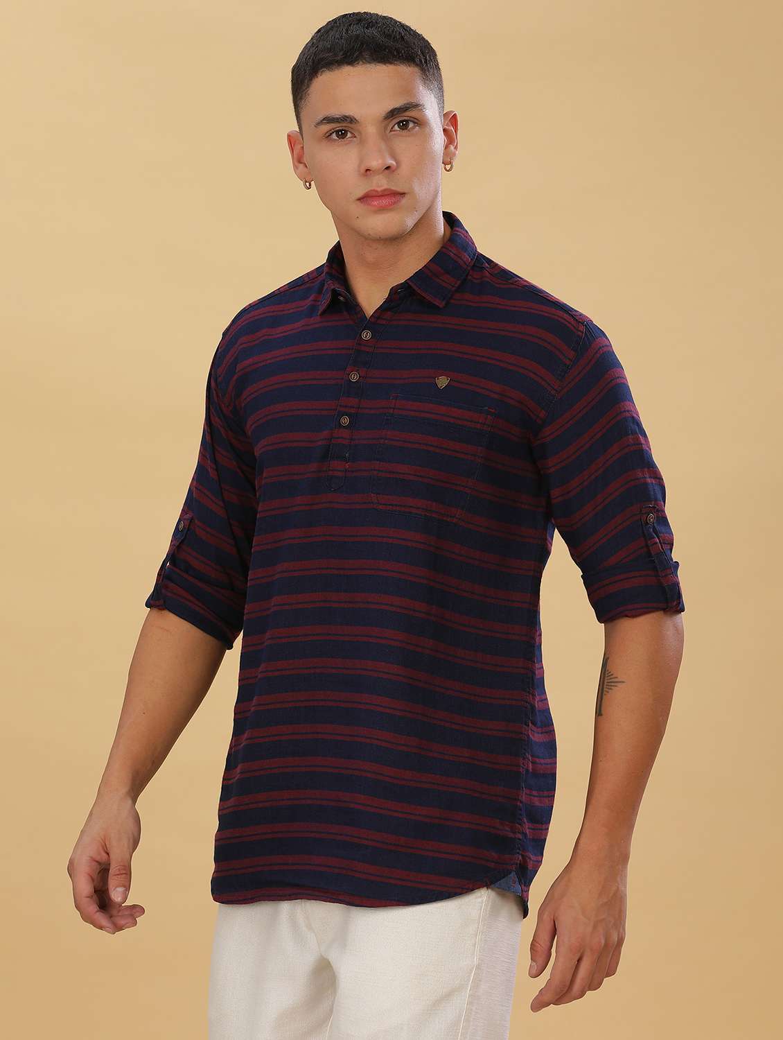 men striped long sleeve short kurta - 22448539 -  Standard Image - 3