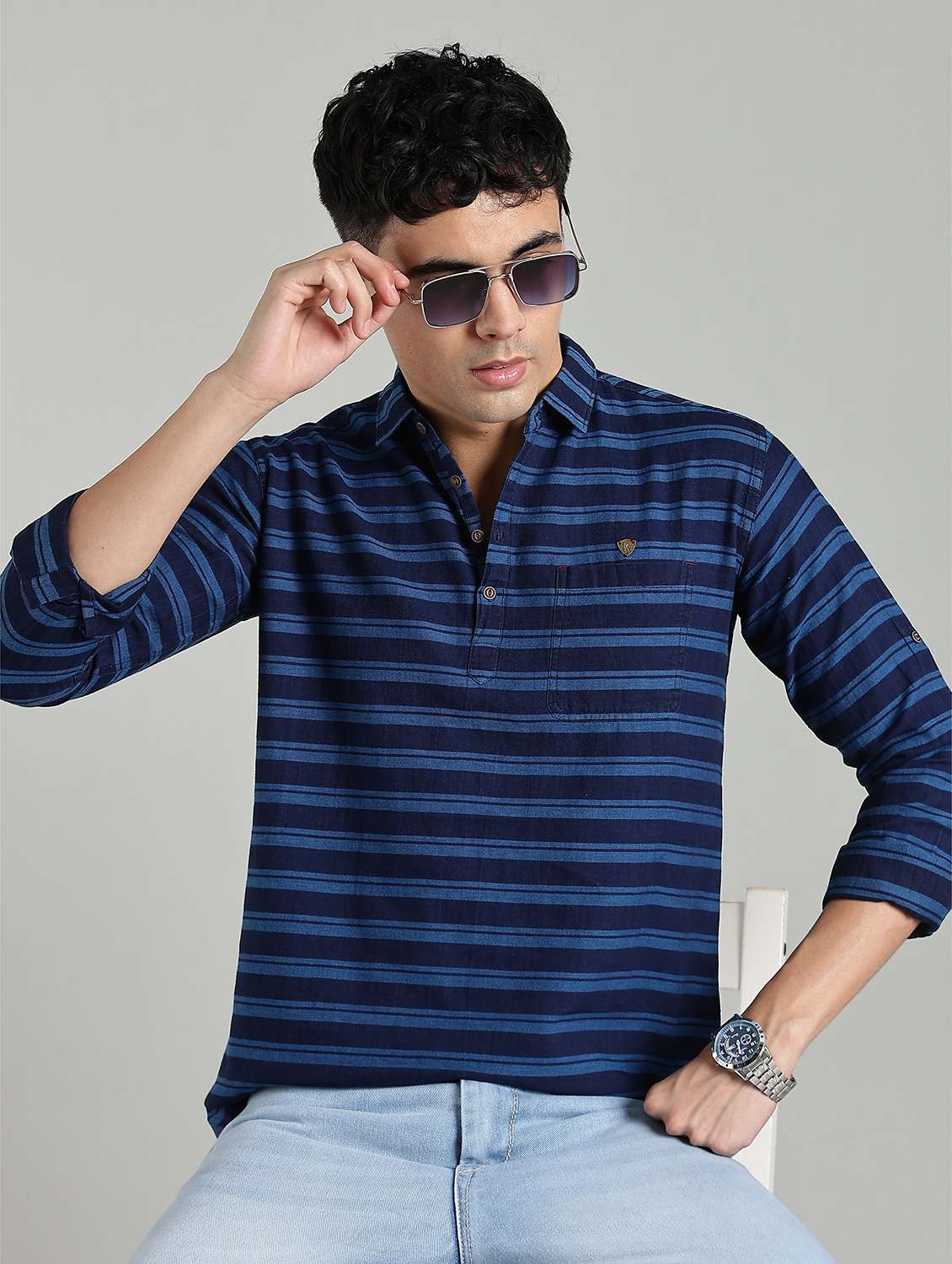 men striped long sleeve short kurta