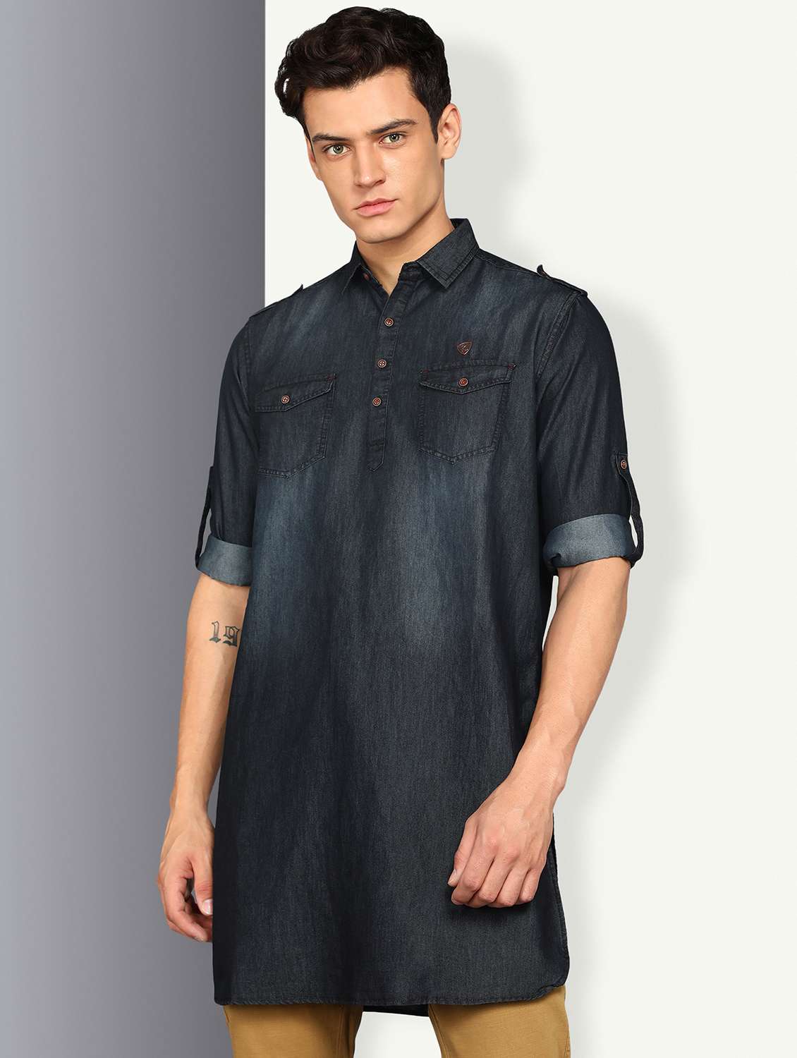 men solid long sleeve pathani kurta
