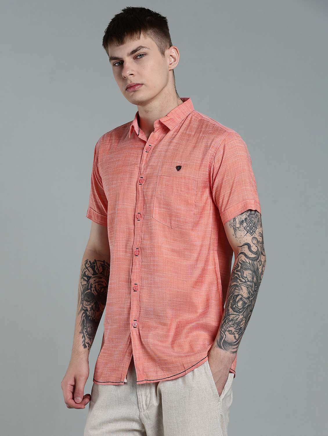 men solid short sleeve slim fit casual shirt - 22448625 -  Standard Image - 3