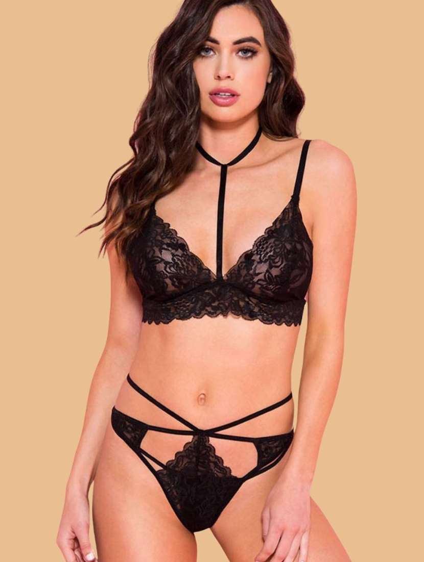 women solid black nylon bras and panty set