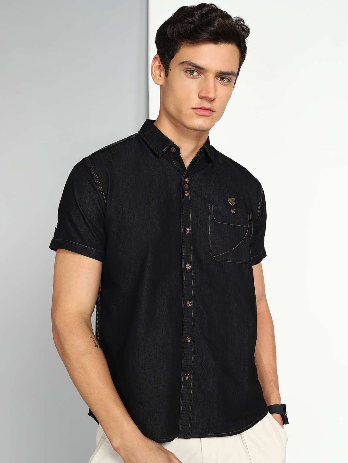 men solid short sleeve slim fit casual shirt