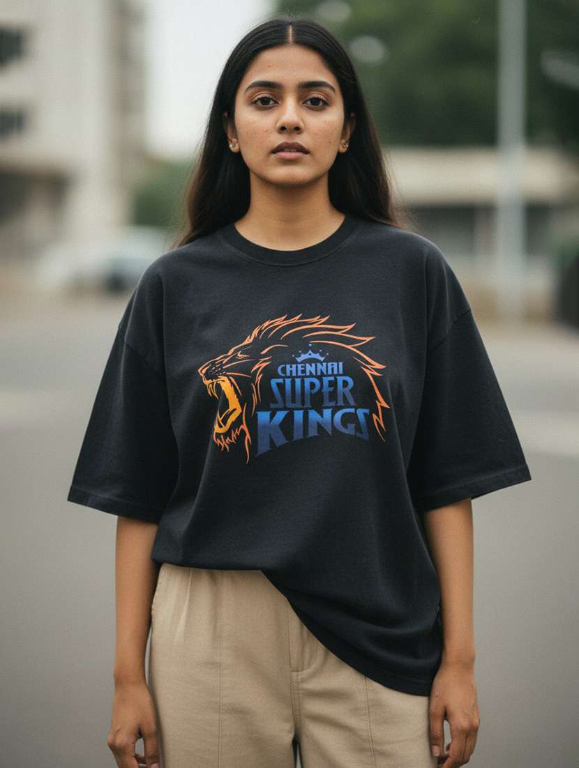 women chennai super king printed drop sleeve oversized t-shirt