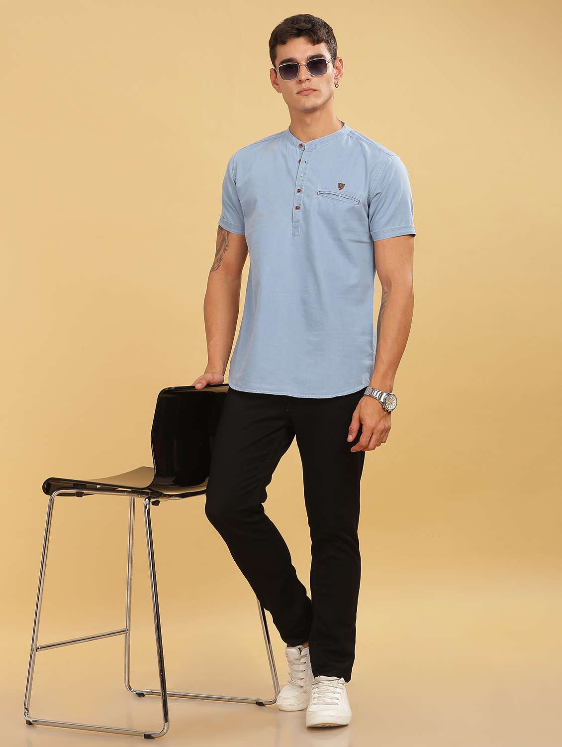 men solid mandarin neck short kurta - 22448807 -  Standard Image - 5