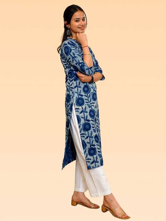women blue rayon a-line kurta - 22449009 -  Standard Image - 3
