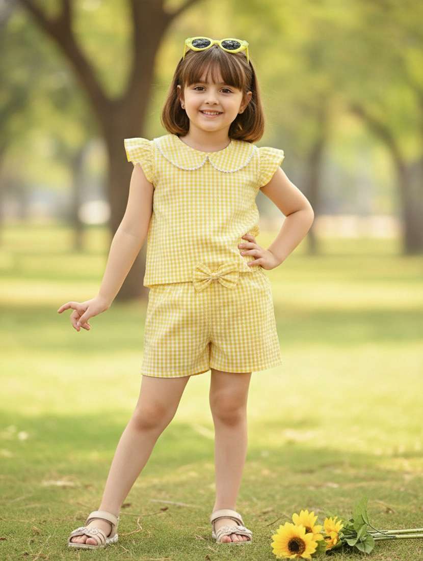 girls checkered peter pan collar top & shorts set