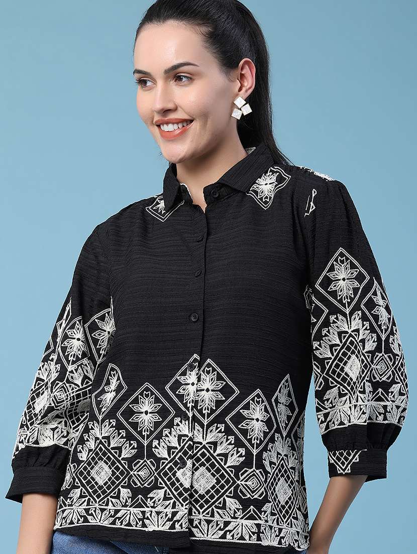 women embroidered collared regular shirt