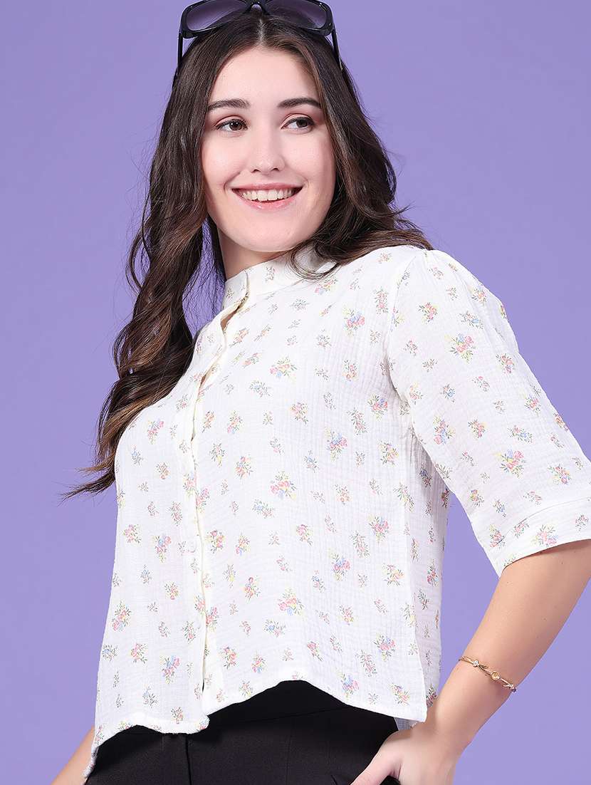 women printed three quarter sleeves shirt style top