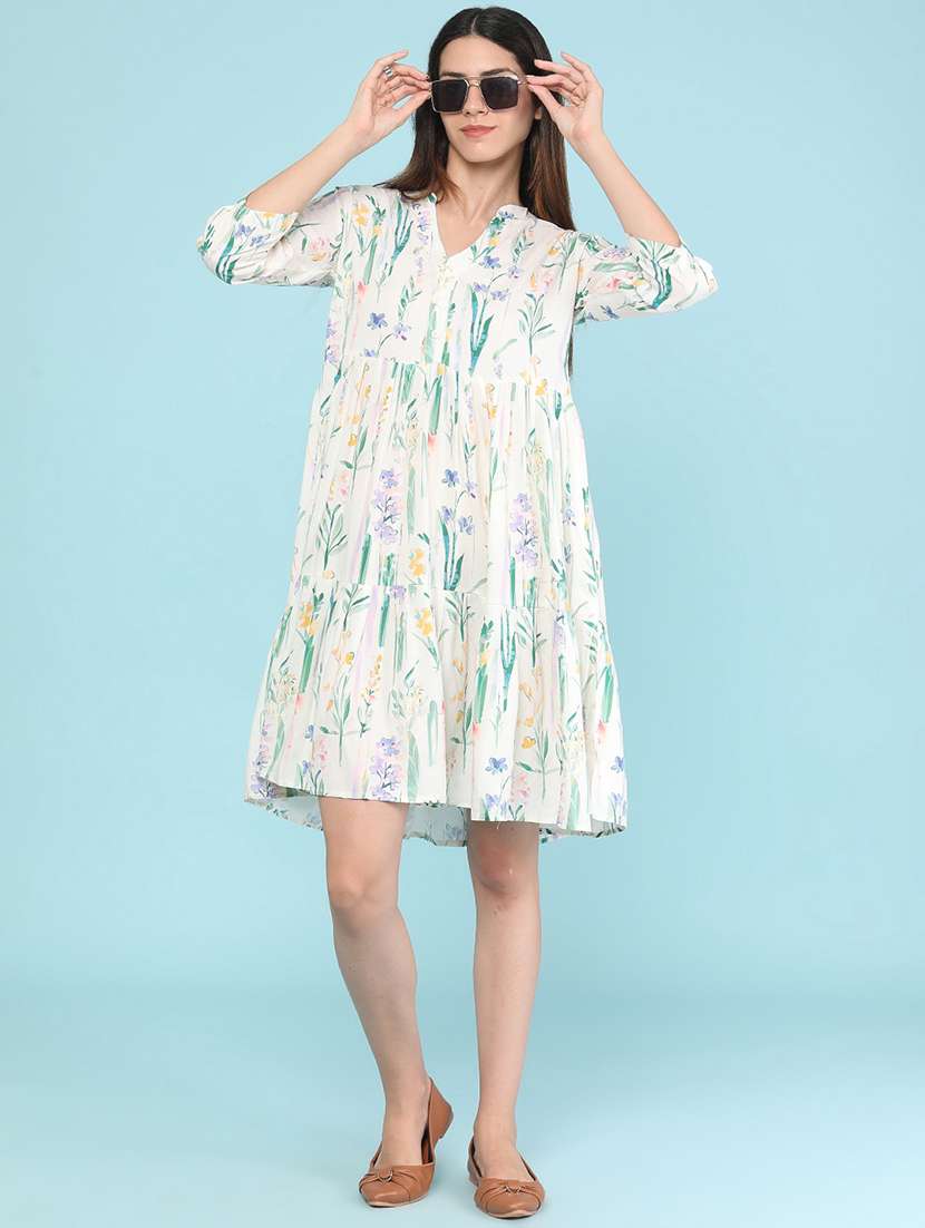 women printed three quarter sleeves tiered dress