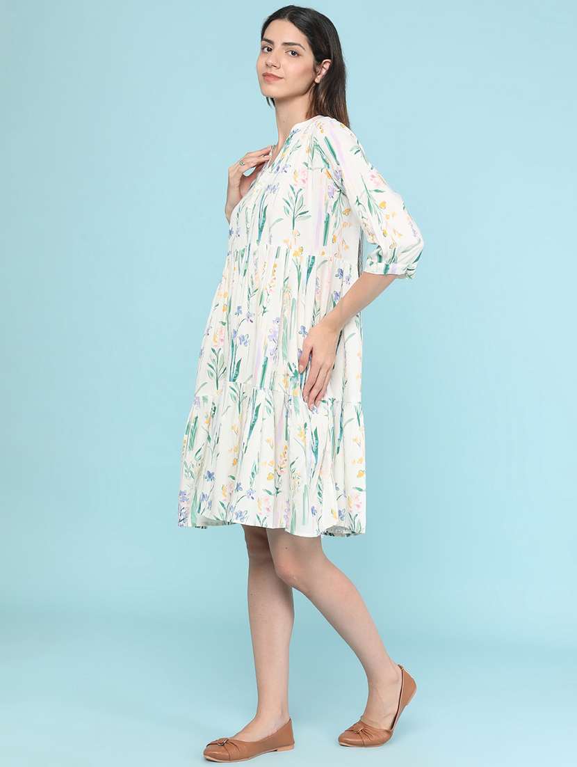 women printed three quarter sleeves tiered dress - 22449387 -  Standard Image - 3