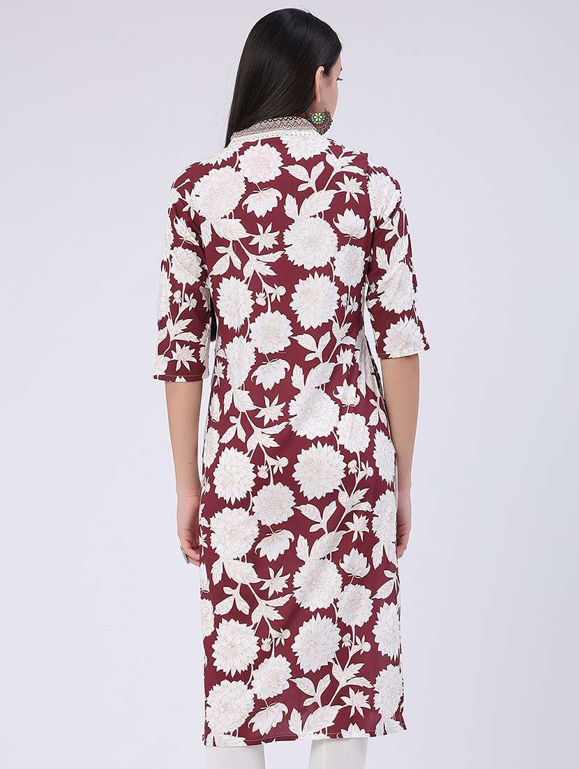Women Printed Three Quarter Sleeves Straight Kurta - 22449465 -  Standard Image - 3
