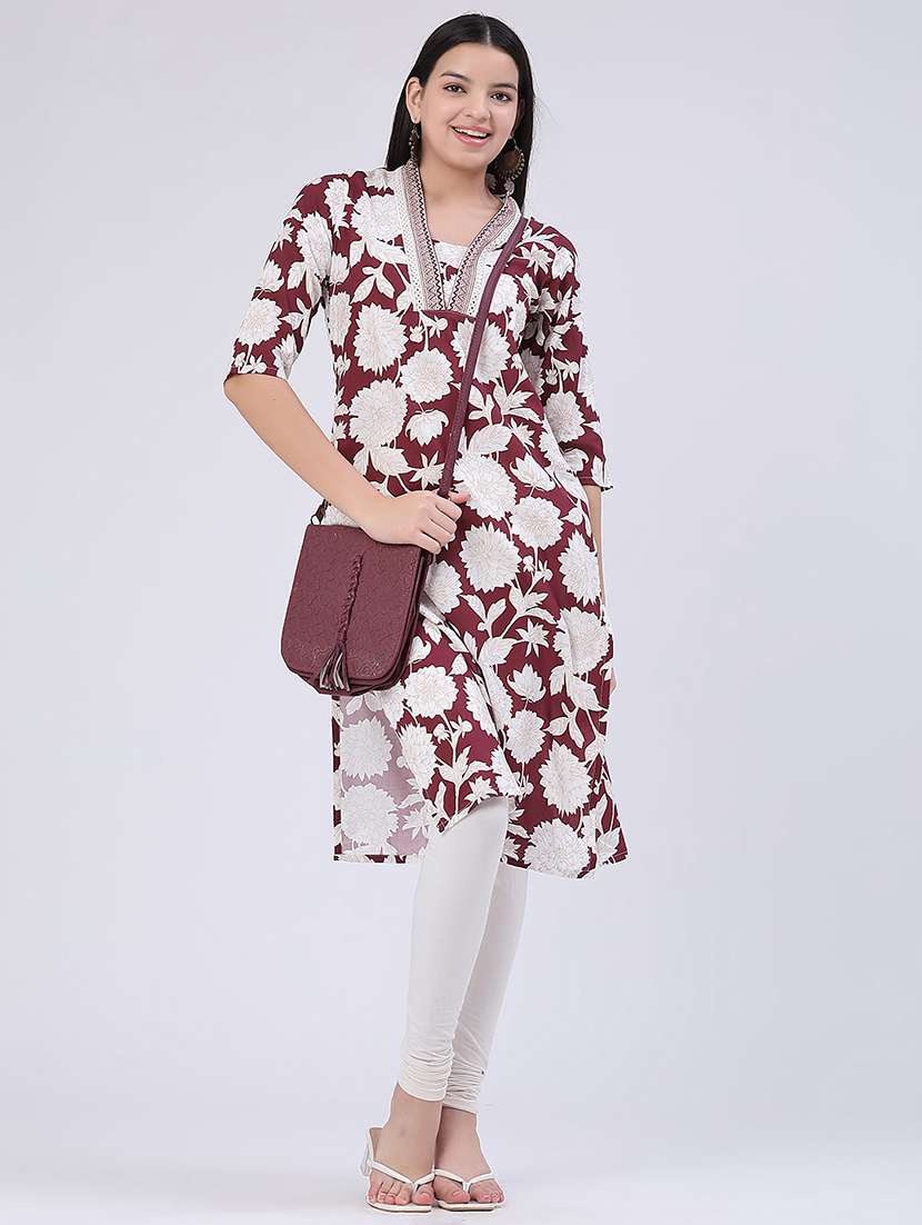 Women Printed Three Quarter Sleeves Straight Kurta - 22449465 -  Standard Image - 5