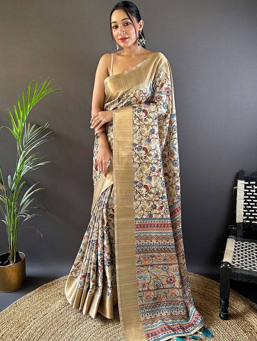 women beige printed saree with blouse