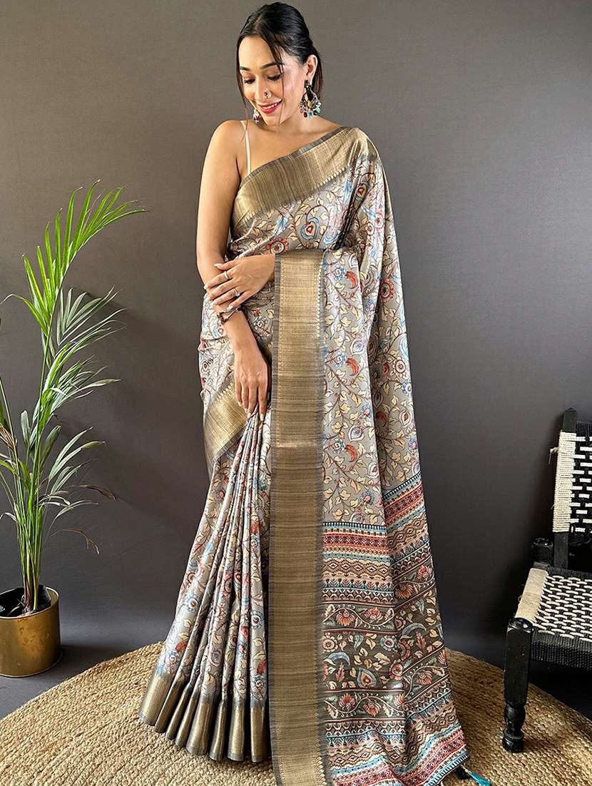 women grey printed saree with blouse