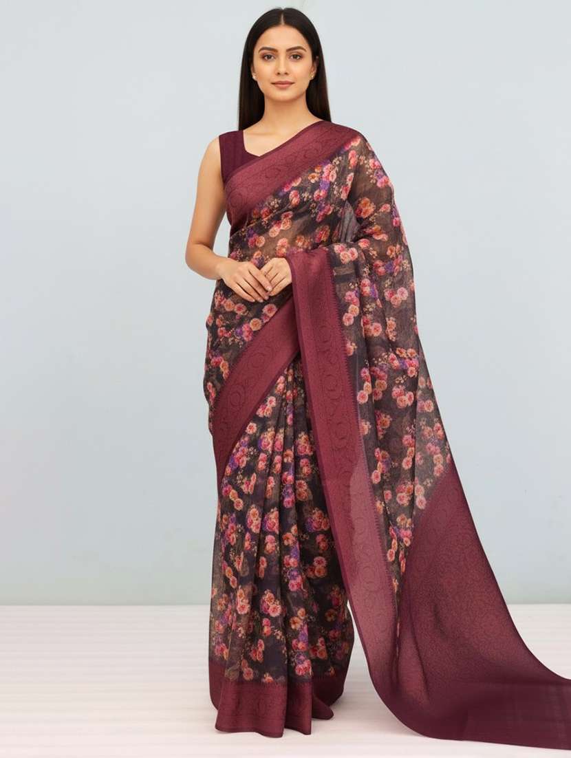 women floral printed bordered saree with blouse