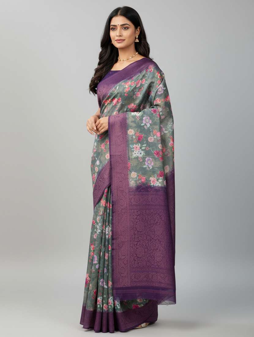 women floral printed bordered saree with blouse