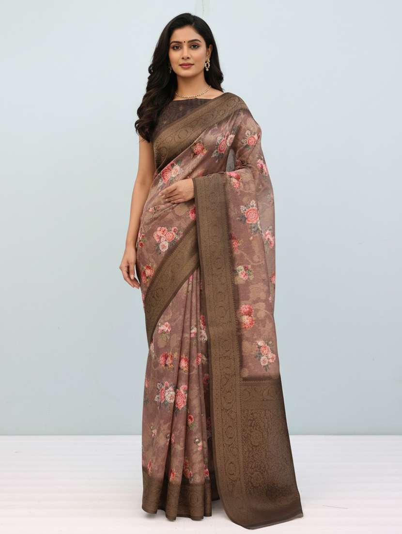 women floral printed bordered saree with blouse