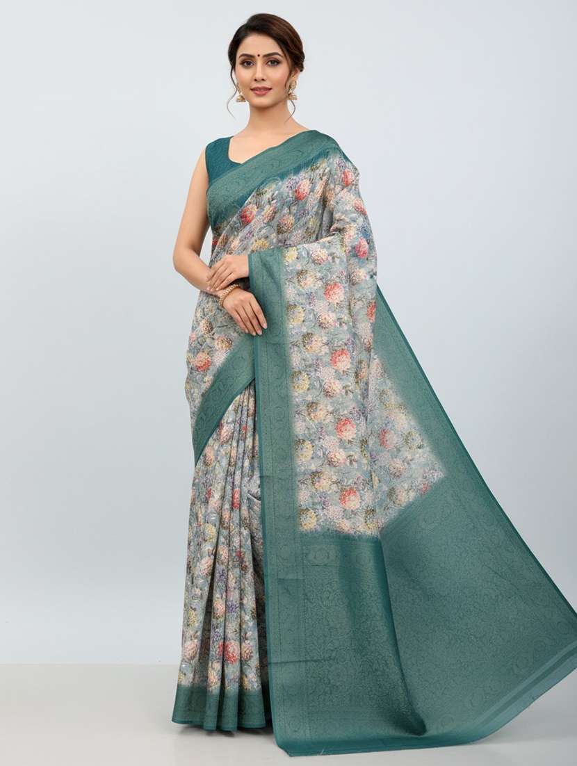 women floral printed bordered saree with blouse