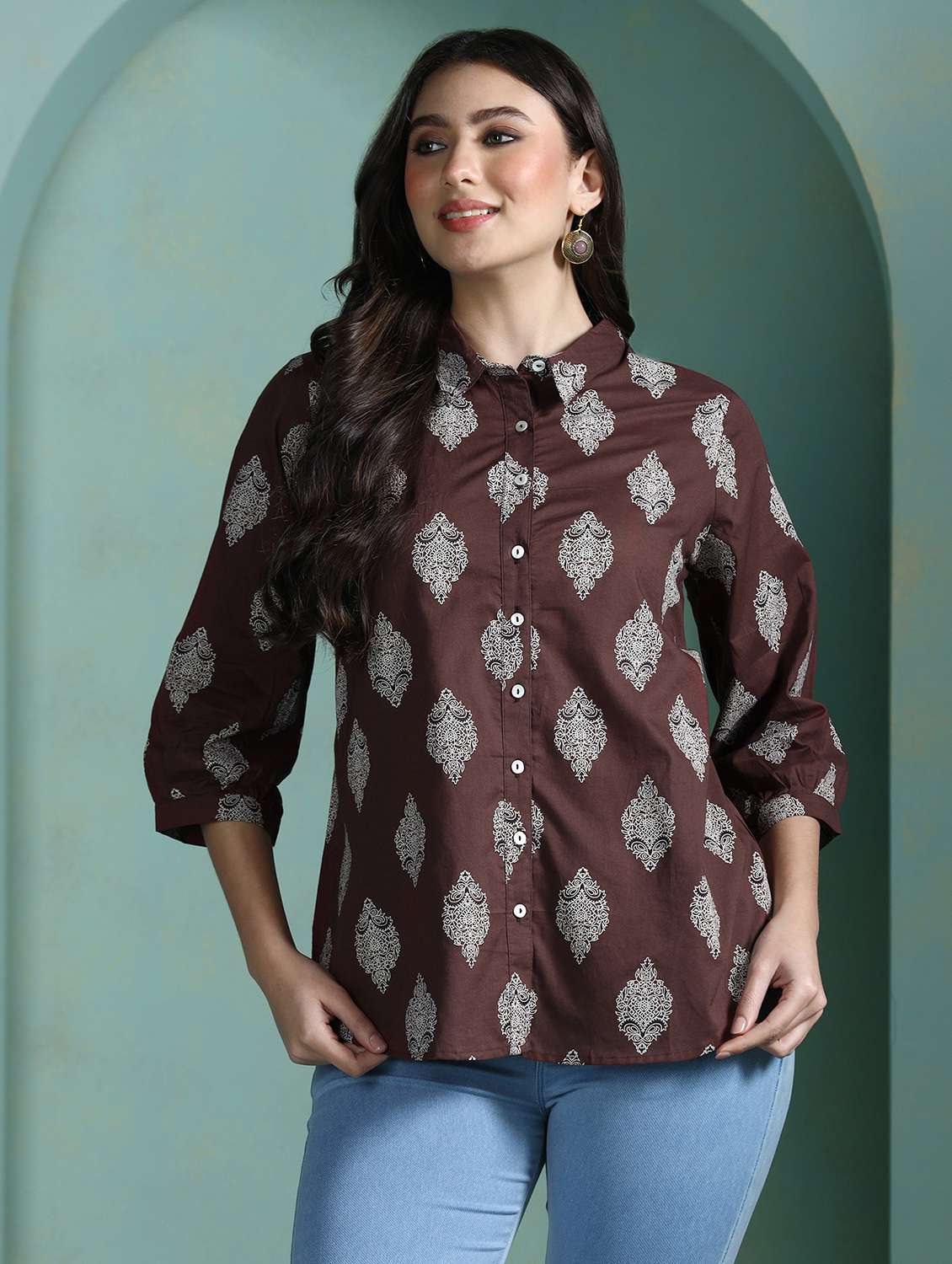women brown cotton a-line tunic