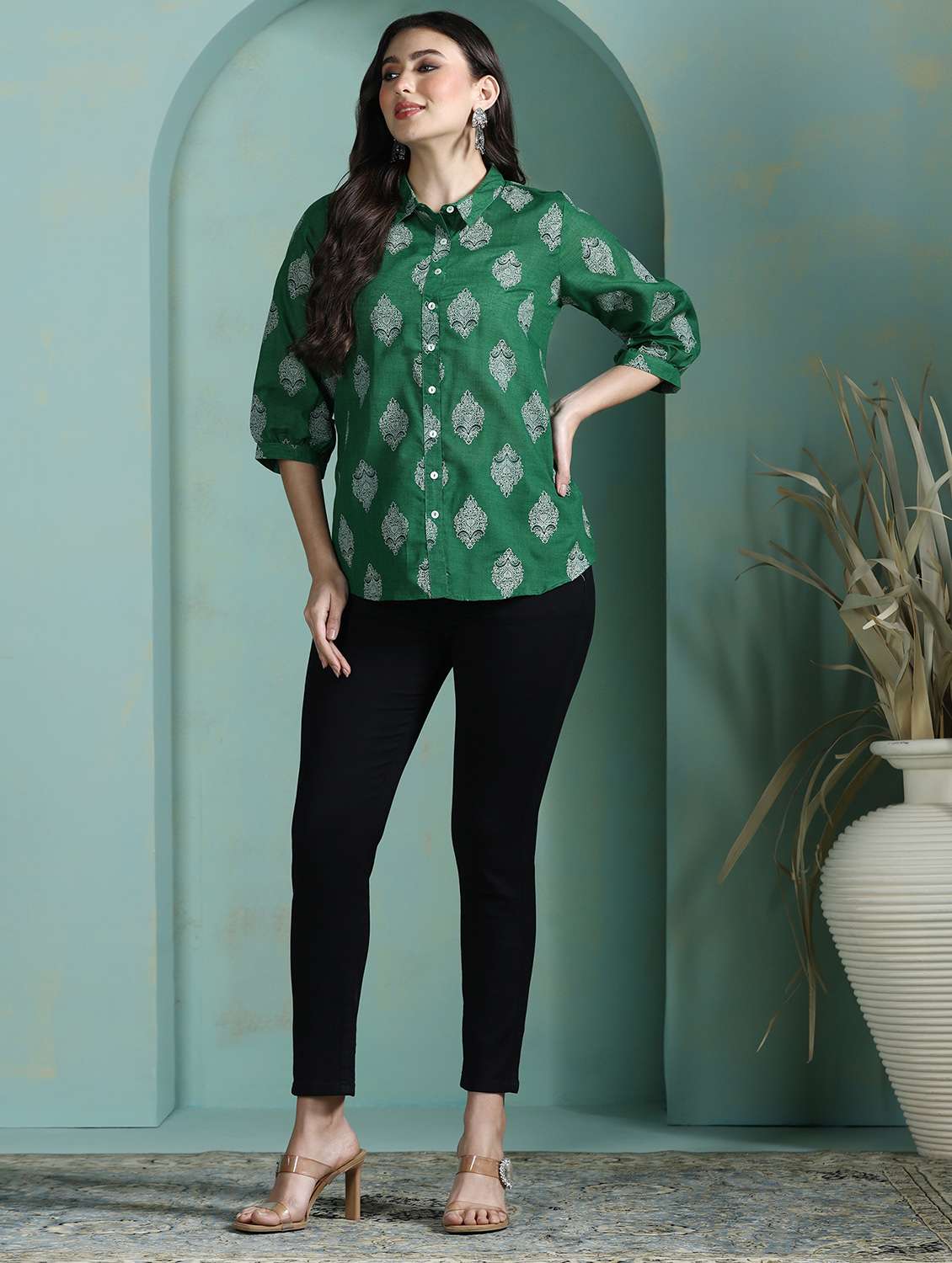  women green cotton a-line tunic - 22449901 -  Standard Image - 5