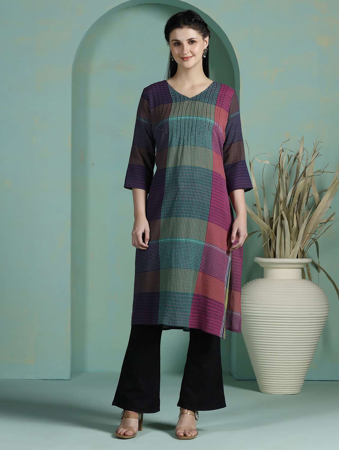  women multi colored cotton straight kurta