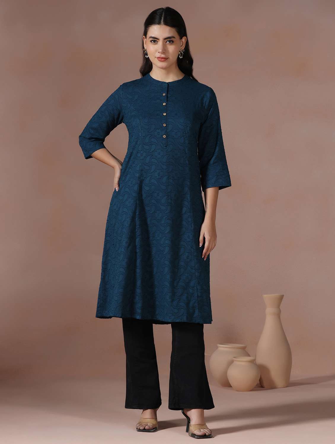  women blue cotton a-line kurta