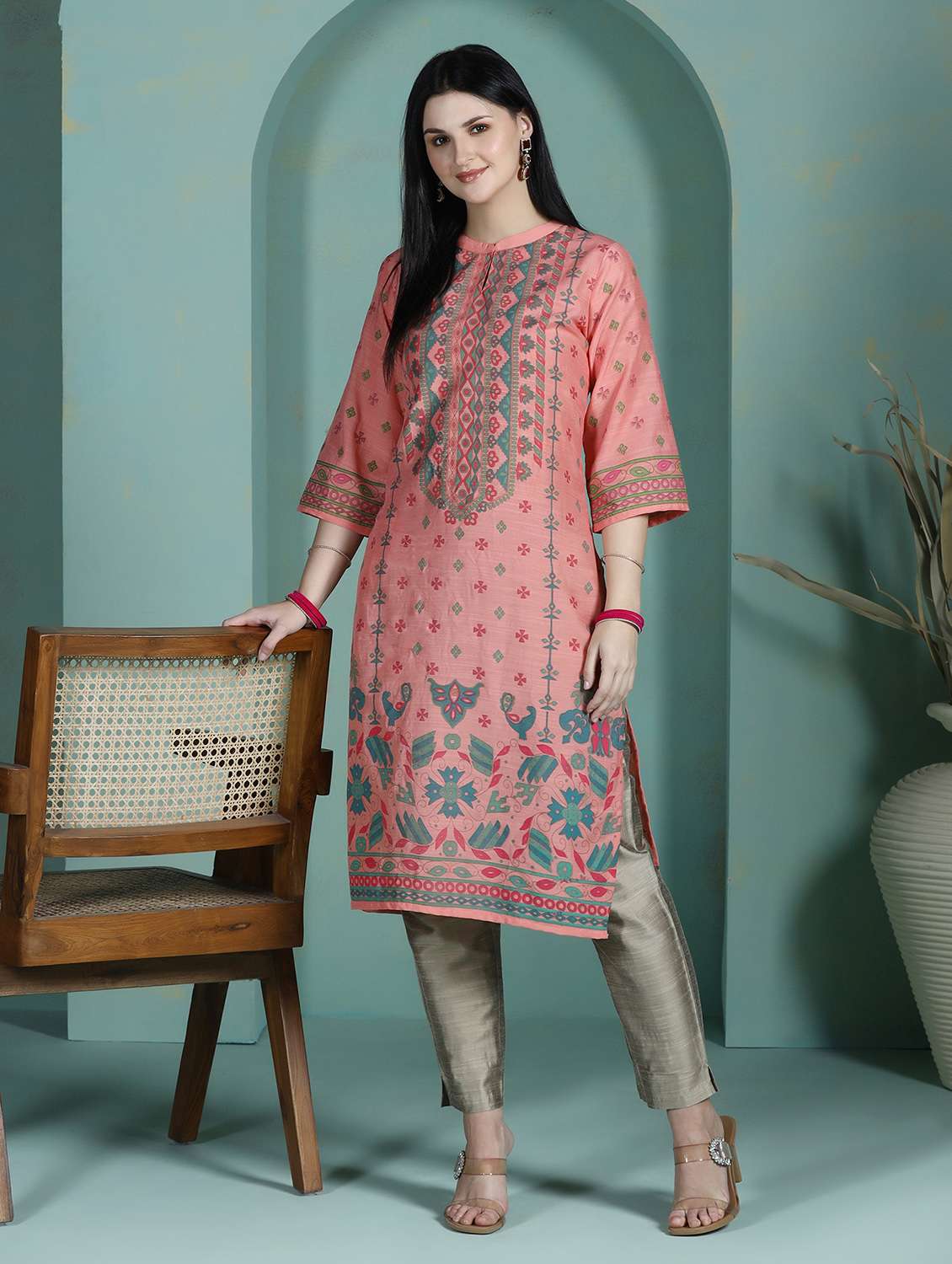  women peach rayon straight kurta