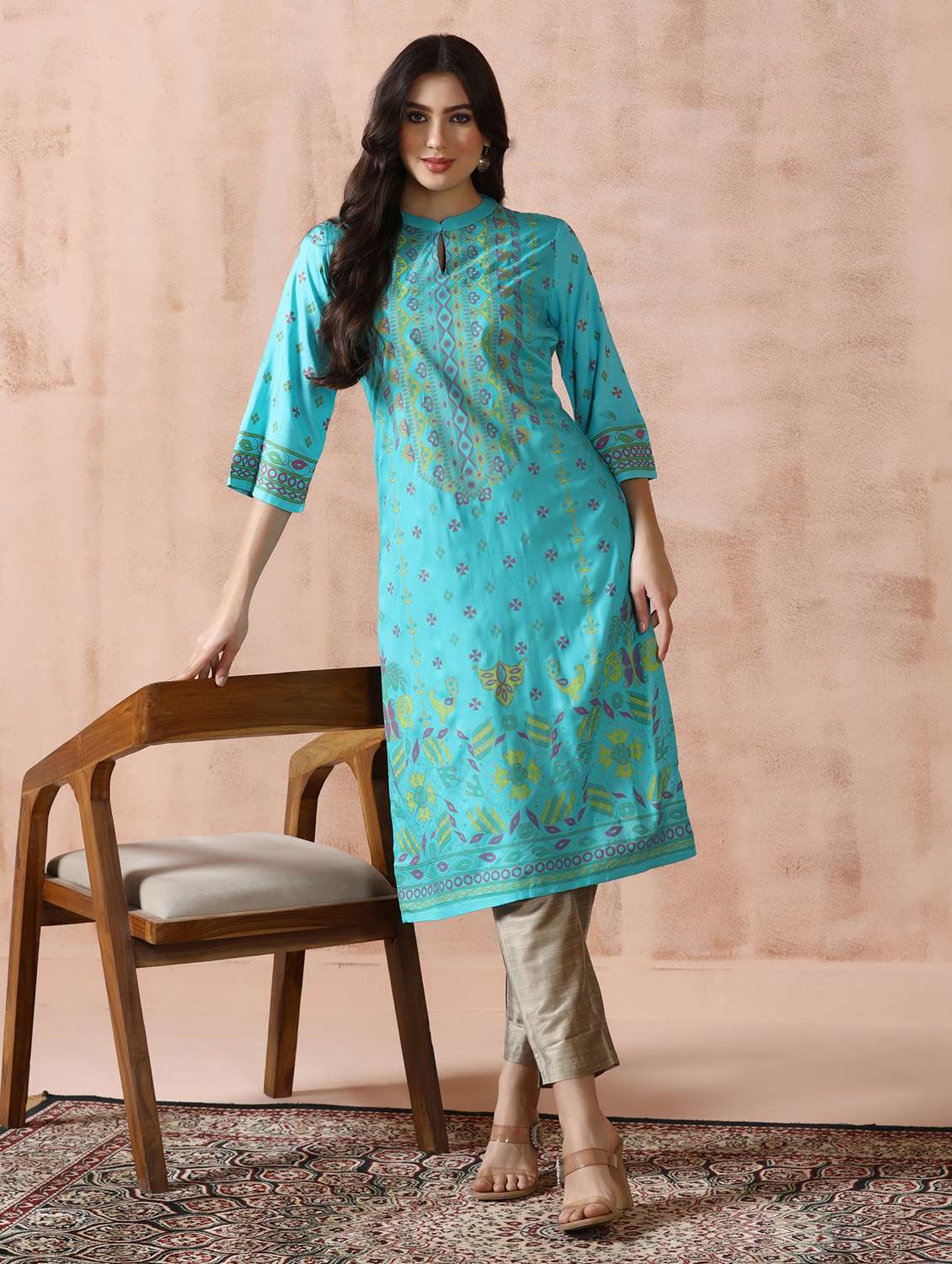  women turquoise rayon straight kurta
