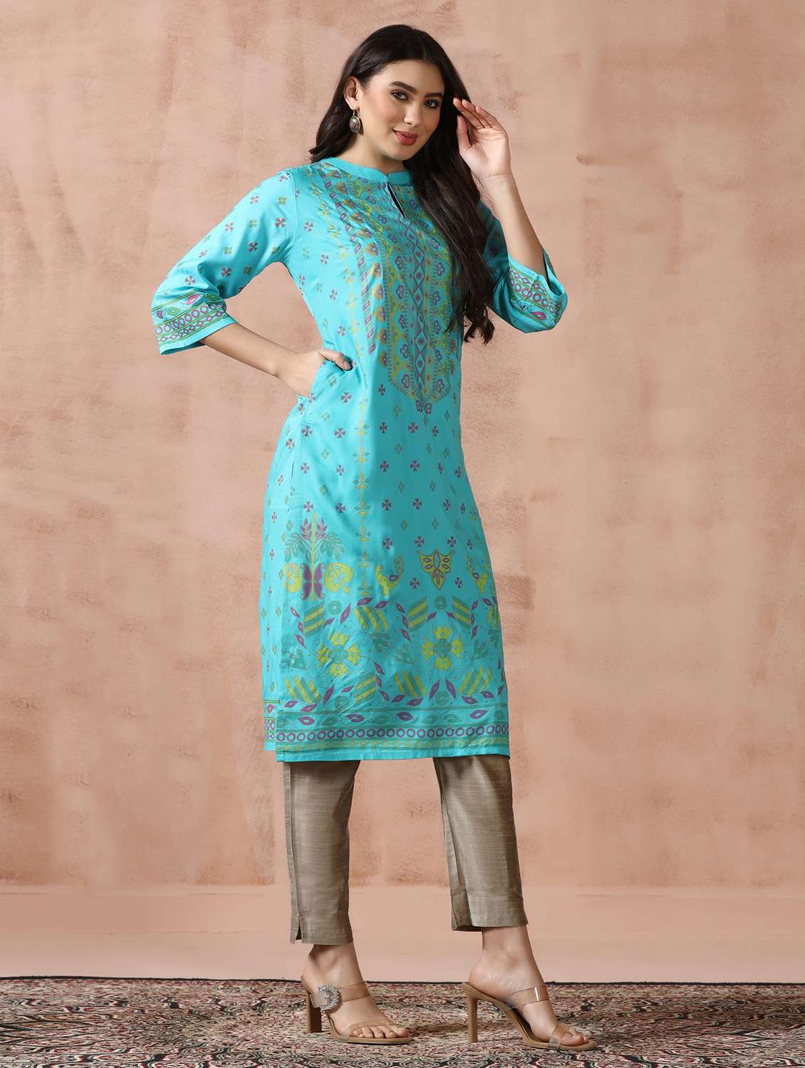  women turquoise rayon straight kurta - 22449916 -  Standard Image - 3