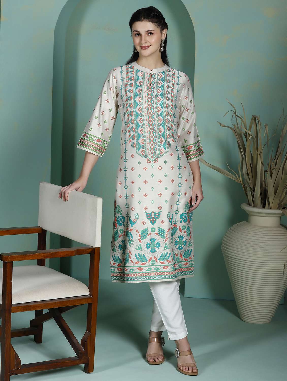  women cream rayon straight kurta