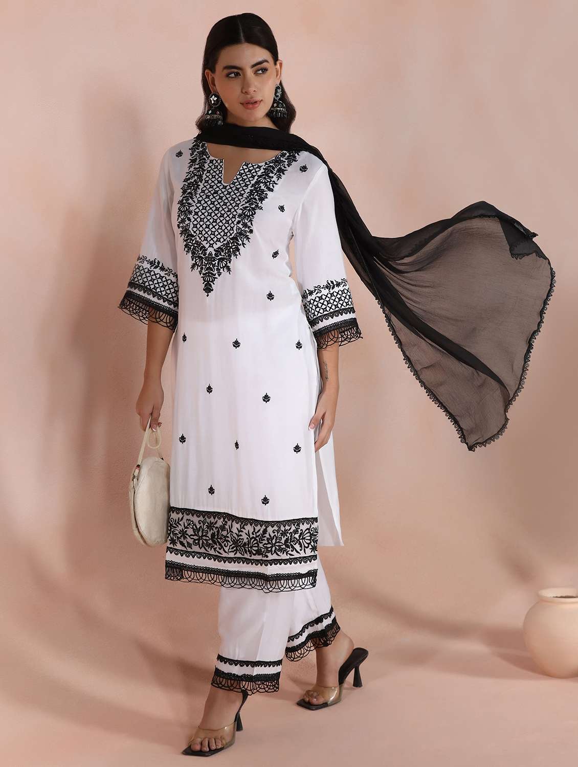 women solid with work three quarter sleeve kurta pant with dupatta set