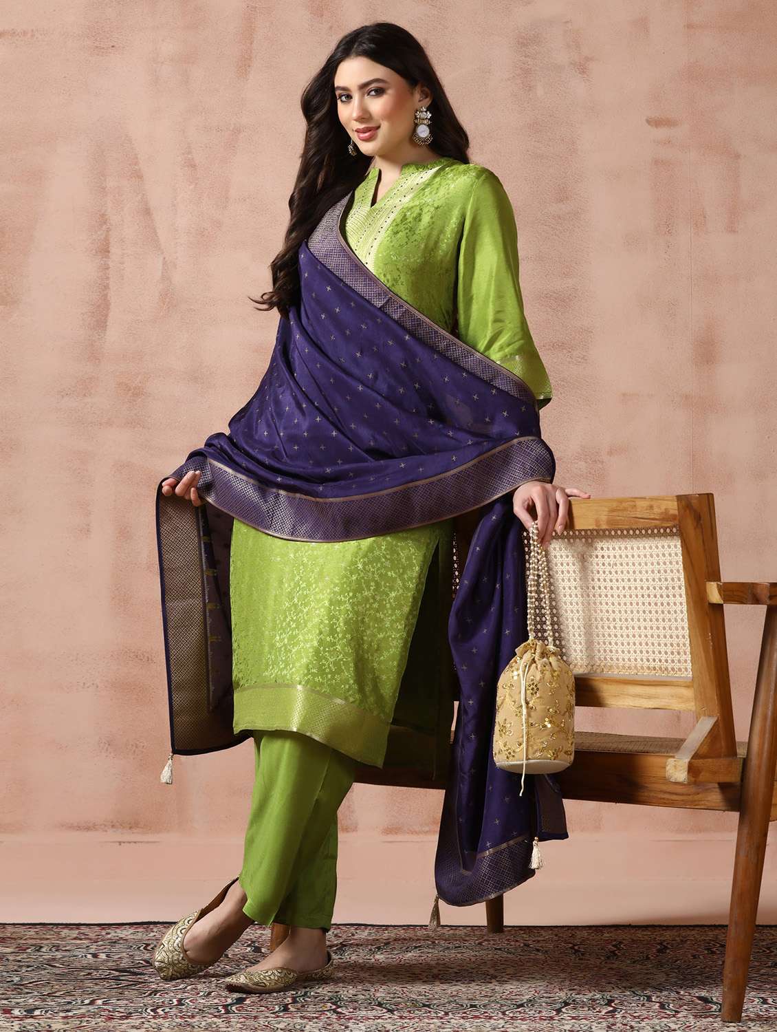women self design three quarter sleeve kurta pant with dupatta set