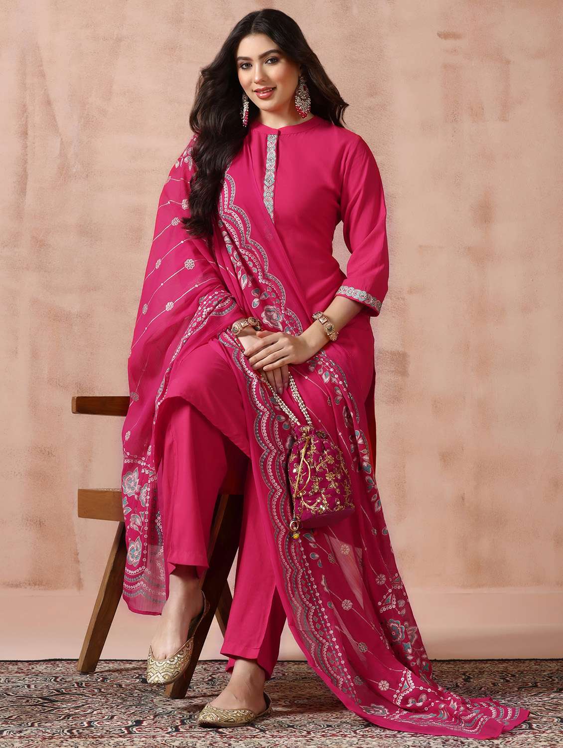 women solid three quarter sleeve kurta pant with dupatta set