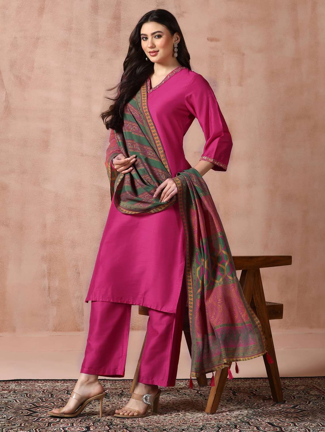 women solid three quarter sleeve kurta pant with dupatta set
