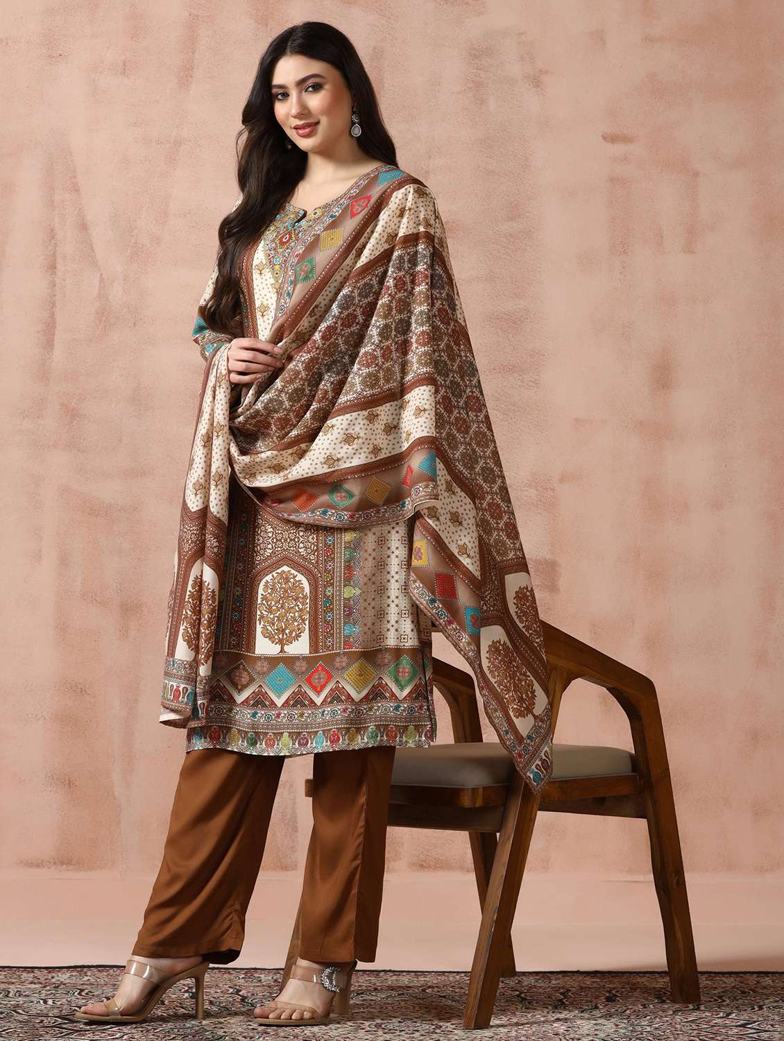 women printed three quarter sleeve kurta pant with dupatta set