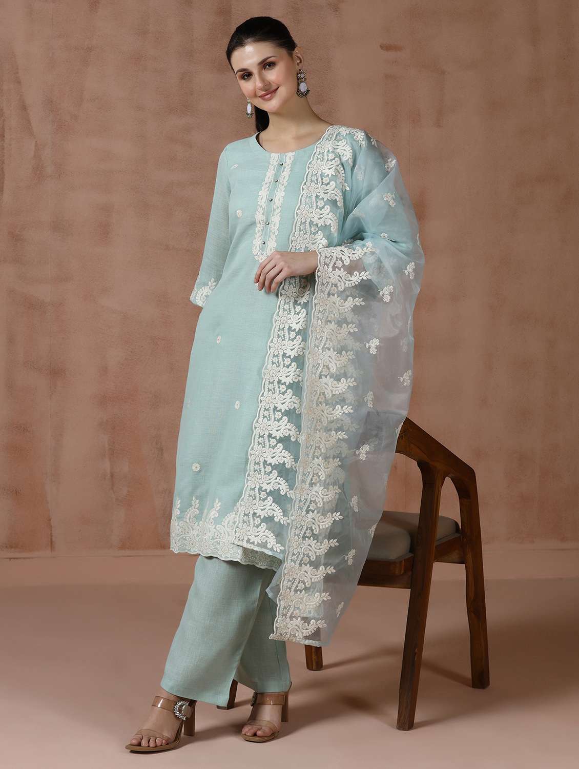 women solid with work three quarter sleeve kurta pant with dupatta set