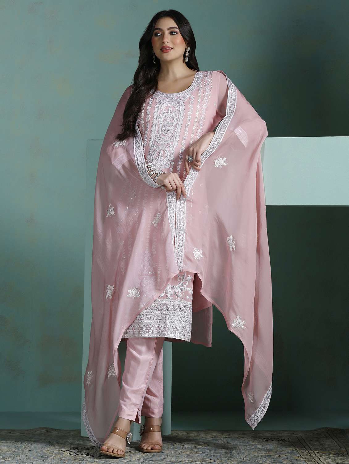 women solid with work three quarter sleeve kurta pant with dupatta set