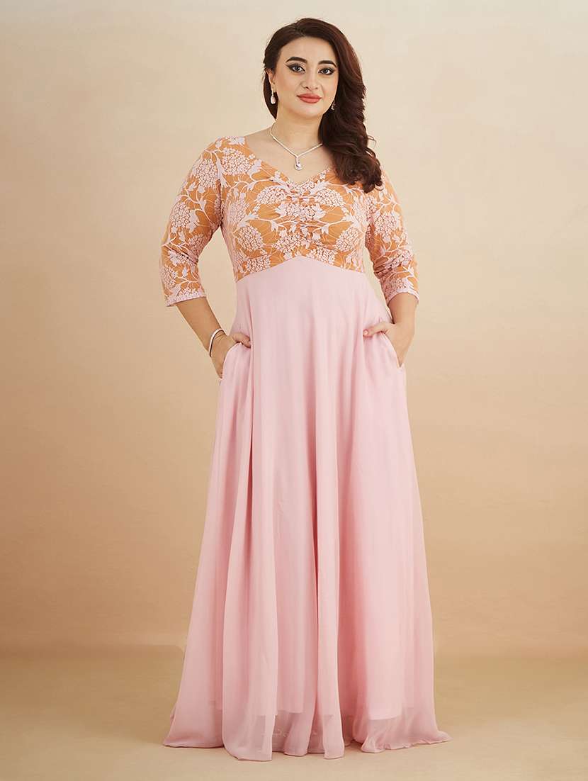 women self design v neck fit and flare dress
