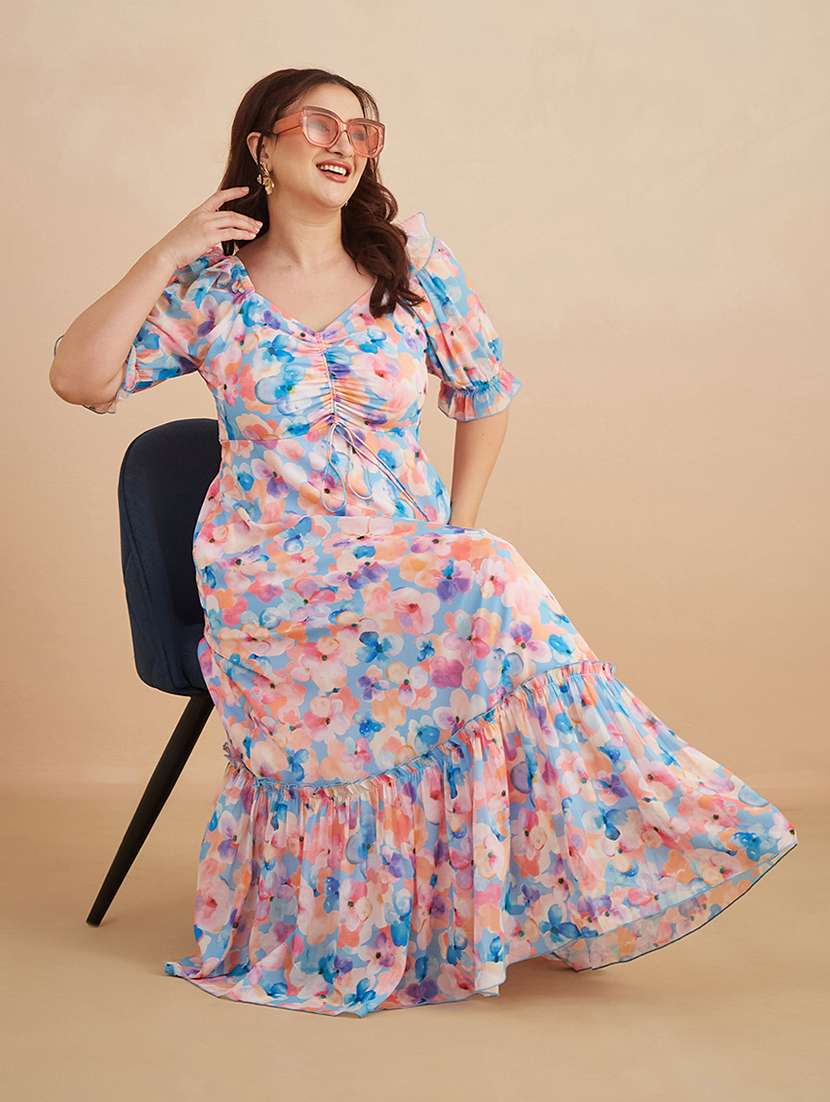 women printed sweetheart neck tiered dress