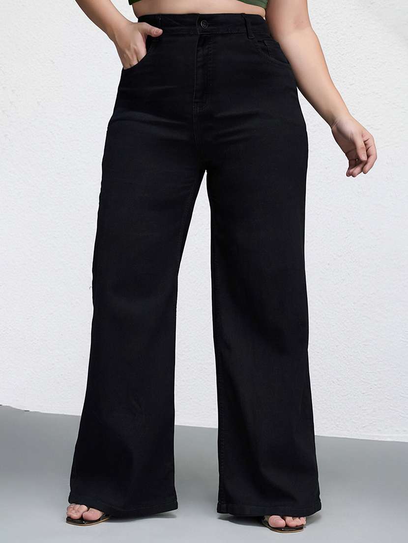 women solid high rise wide leg jean