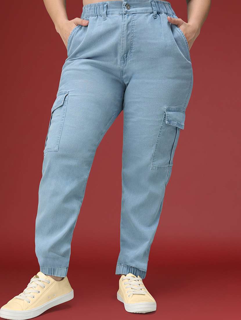 women solid high rise denim cargo jogger