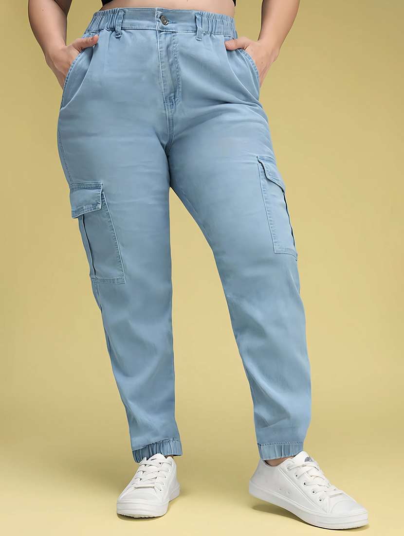 women solid high rise denim cargo 
