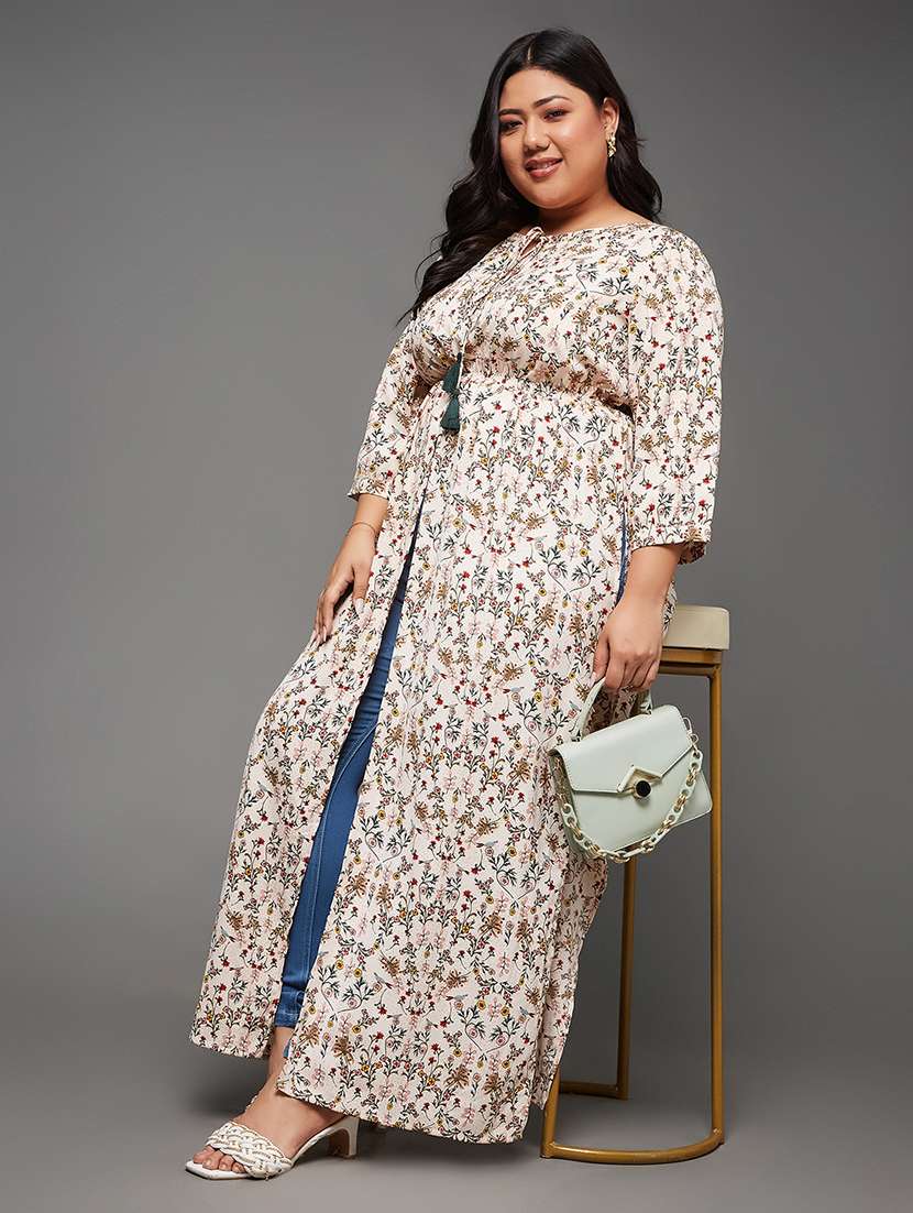 women printed tie up neck front slit tunic